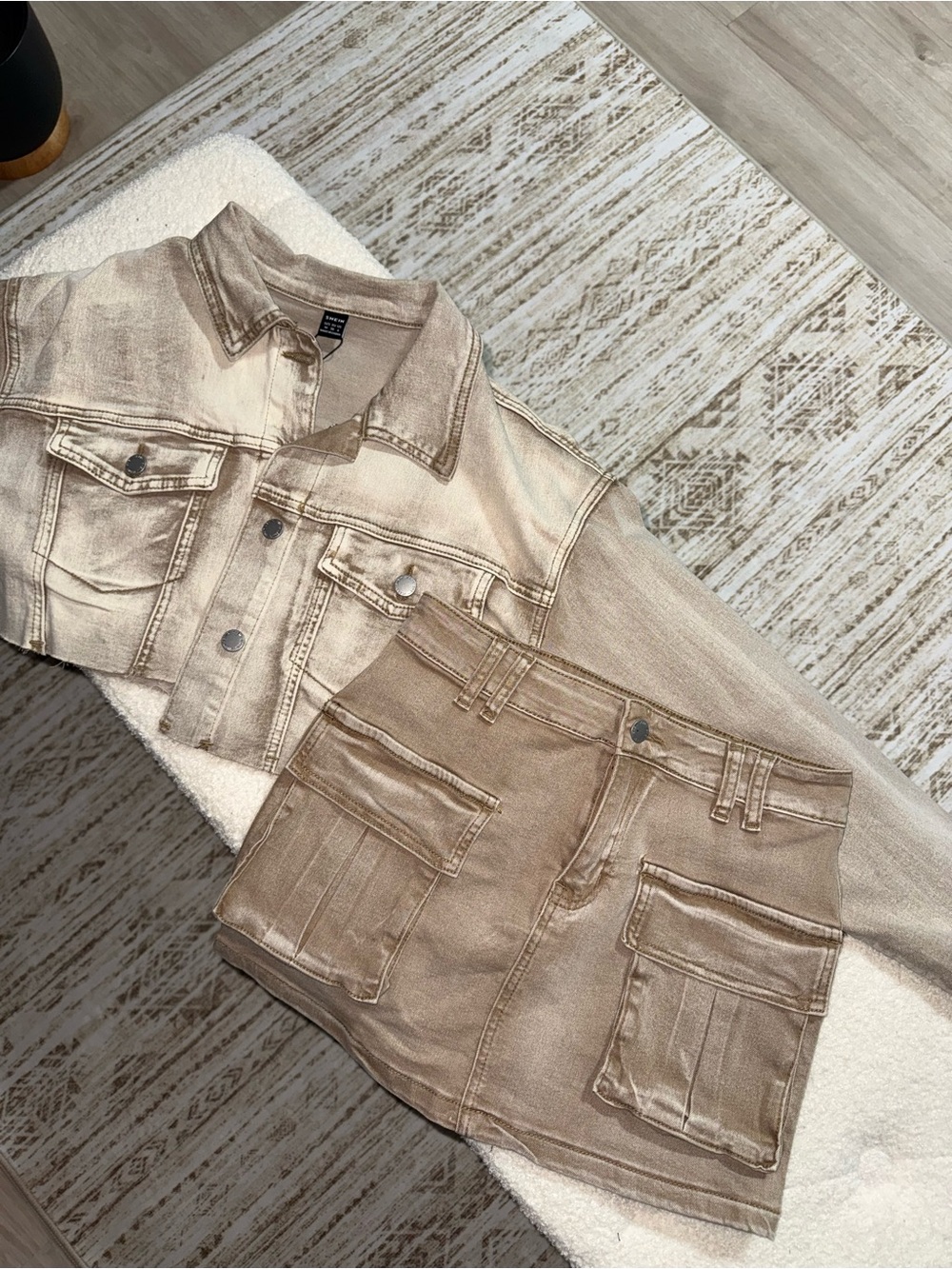 SHEIN BAE Brown Washed Denim Jacket And Low-Waisted Skirt Set